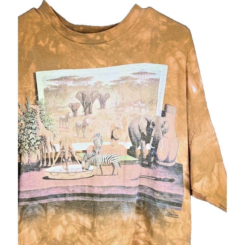 Vintage 1995 The Mountain Mens XL Safari Flaws Tie Dye T Shirt Elephant Zebra